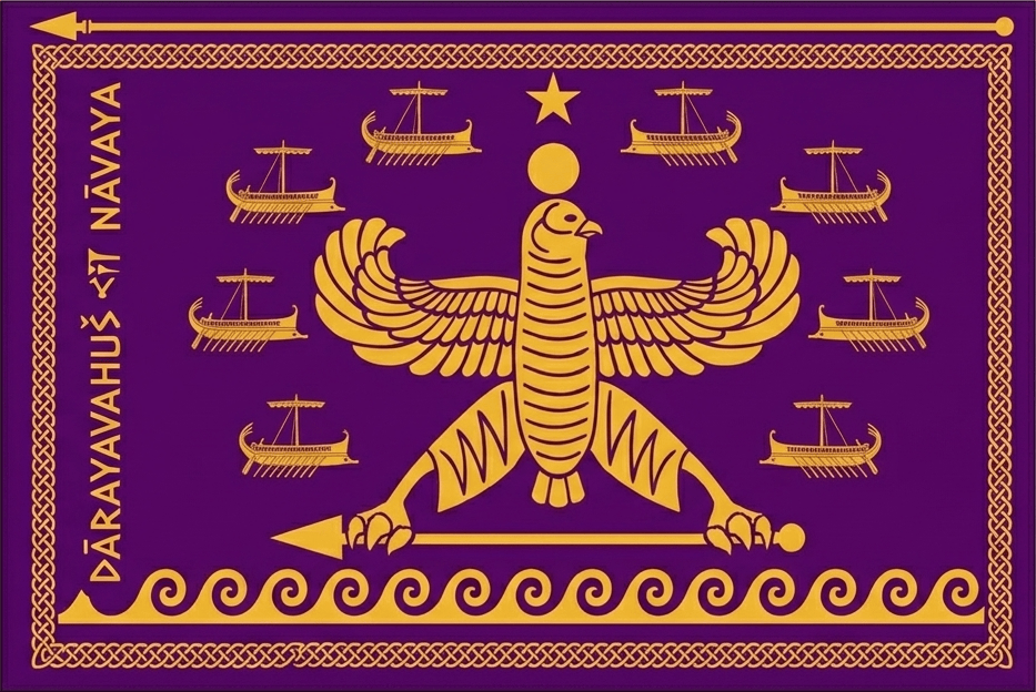 The Persian standard: a gold winged figure above a fleet of galleys over a wave border, on an imperial purple field.