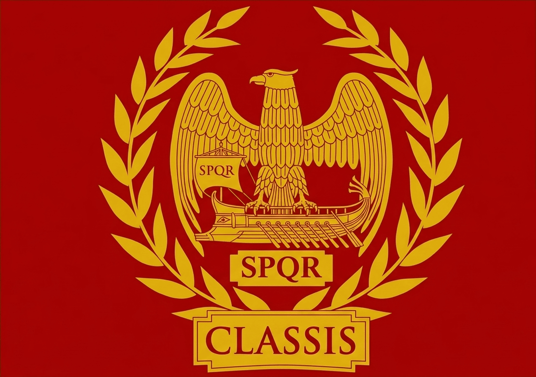 The Roman standard: a gold eagle over a war galley, ringed by a laurel wreath with SPQR and CLASSIS scrolls, on a crimson field.