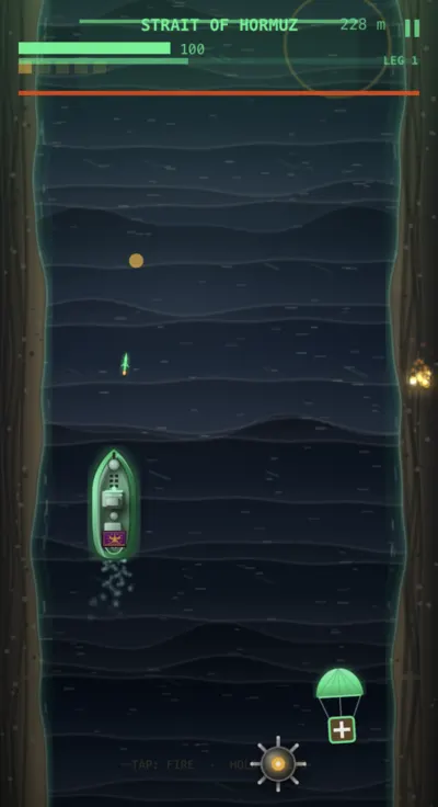 A green repair crate descending under a parachute beside the vessel.