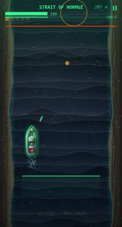A strike missile climbing the corridor toward a drifting mine.
